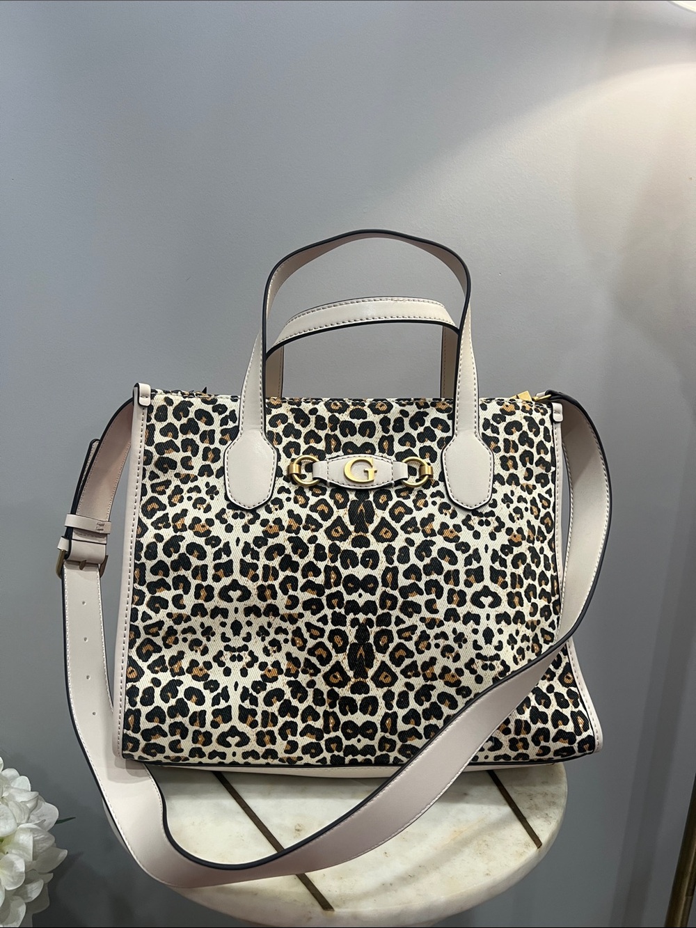 Guess Izzy Leopard Print Satchel with White Trim